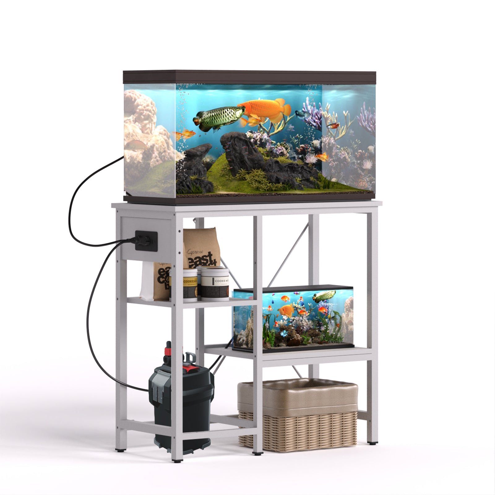 0 29 gallon fish tank stand with power outlet & led light, metal aquarium stand with 3 tier adjustable storage shelves, white