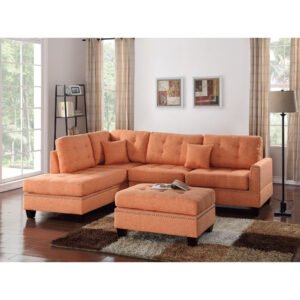 modern citrus color 3pcs sectional living room furniture reversible chaise sofa and ottoman tufted polyfiber linen