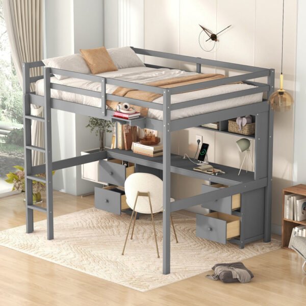 full size loft bed with desk, cabinets, drawers and bedside tray, charging station, gray