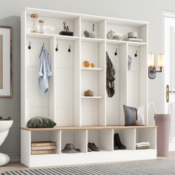 47.2'' wide hall tree with bench and shoe storage, multi functional storage bench with 3 hanging hooks & open storage space