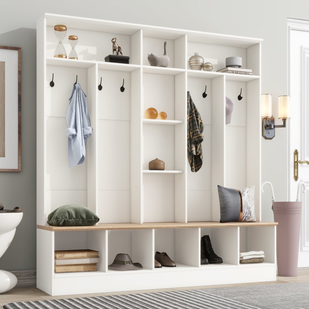 47.2'' wide hall tree with bench and shoe storage, multi functional storage bench with 3 hanging hooks & open storage space