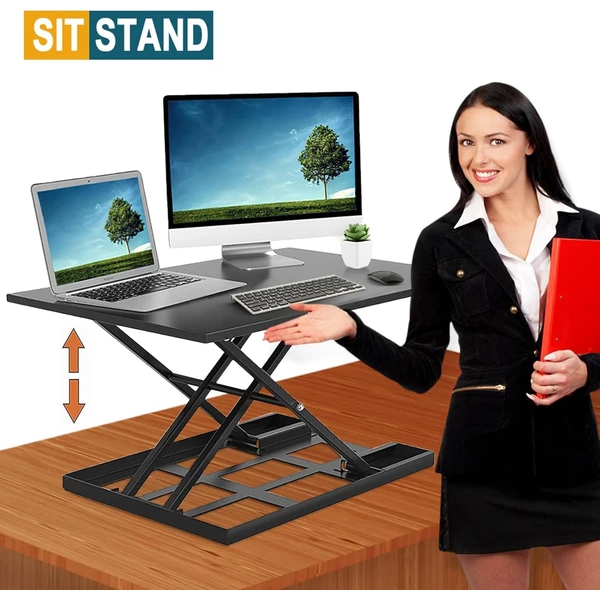 adjustable height ergonomic standing desk foldable and easy move large wide rising tabletop for laptop home office black fcj