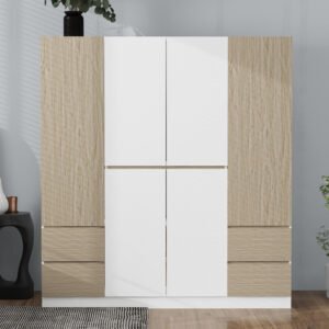 6 doors wooden wardrobe storage for bedroom,with 4 drawers,white+nature