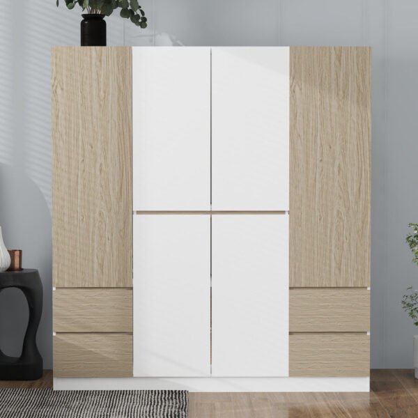 6 doors wooden wardrobe storage for bedroom,with 4 drawers,white+nature