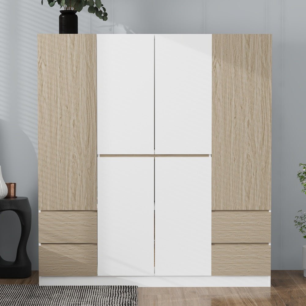 6 doors wooden wardrobe storage for bedroom,with 4 drawers,white+nature