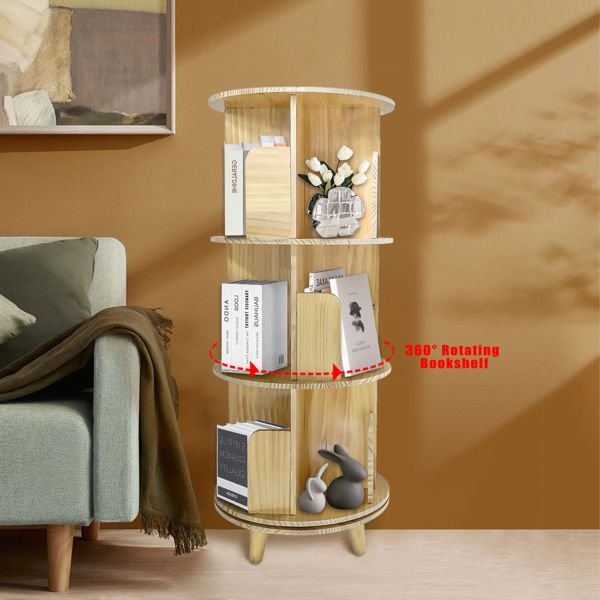 3 layer 360 rotation pine wood bookcase display rack and bookshelf