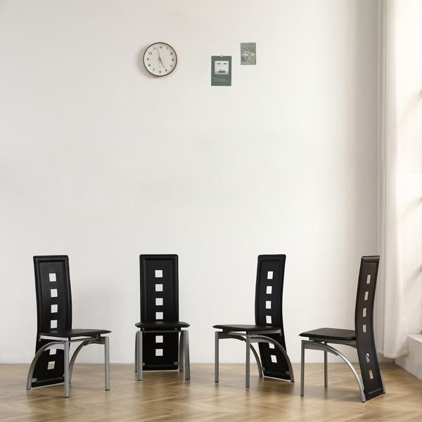 4pcs n201 pu leather dining chairs with long backrest square hollow decoration black cushion electroplating chair leg