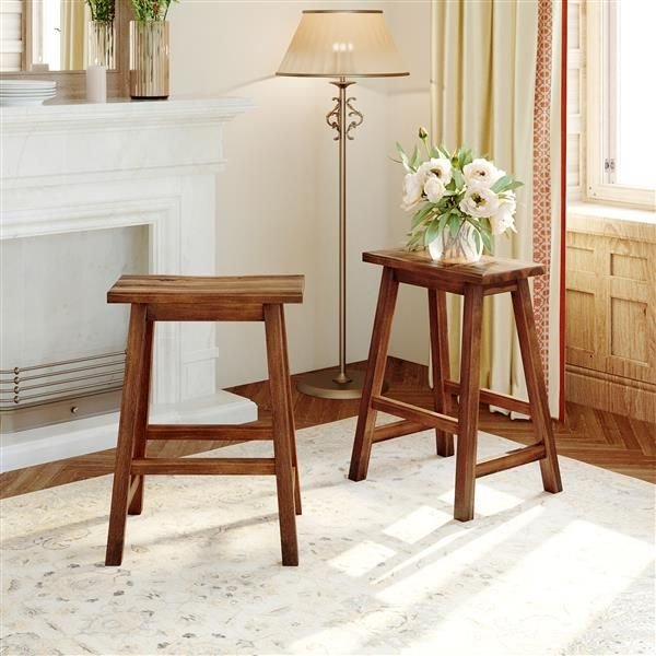 farmhouse rustic walnut wood 2 piece counter height kitchen dining stools for small spaces for the dining room