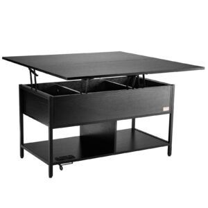 39.4" rectangle lift top coffee table with light & usb black color