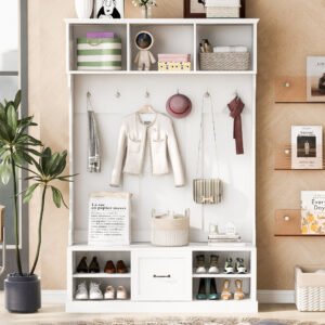 57'' hall tree with 6 hooks, coat hanger, entryway bench, 3 in 1 design, a spacious drawer for entrance, living room