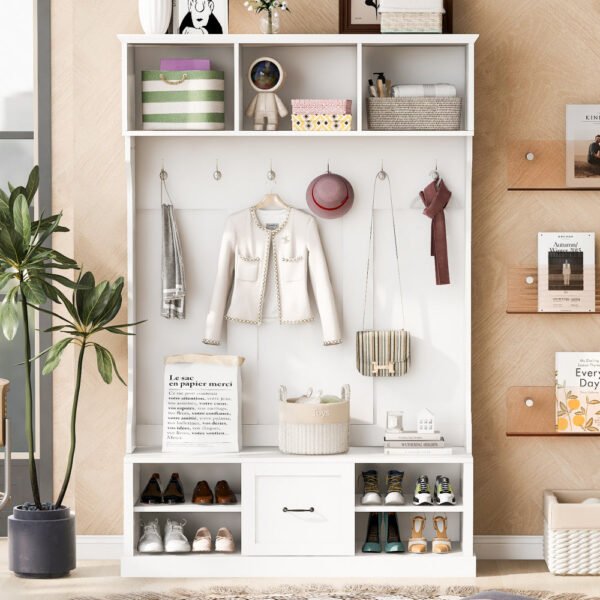 57'' hall tree with 6 hooks, coat hanger, entryway bench, 3 in 1 design, a spacious drawer for entrance, living room