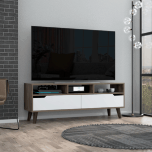 2.0 bull tv stand for tvs up to 52" three open shelves two drawers dark brown/white finish