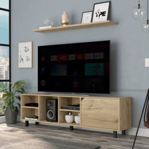 estocolmo luxury modern tv stand for tvs 70" four open shelves light oak finish mdf wood wooden panel material for living room