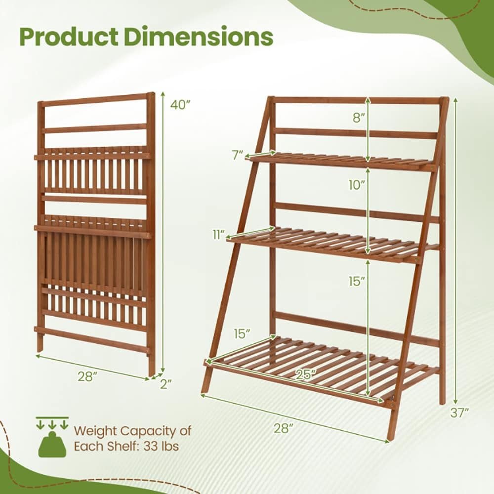 3 tier bamboo ladder shelf foldable bookcase for plants and flowers