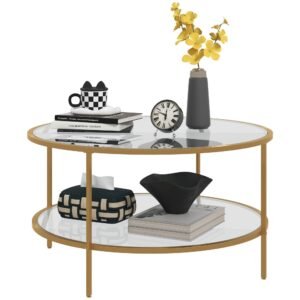 modern 2 tier round console table with tempered glass top and steel frame small accent furniture for living room or sofa end
