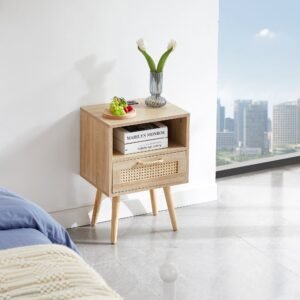15.75" modern solid wood rattan end table with power outlet usb ports nightstand drawer side table for living room bedroom