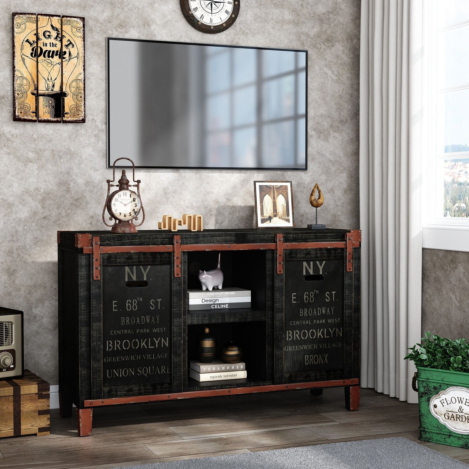 30' tall industrial farmhouse tv stand sliding barn doors rustic black television console table cabinet for 55 inch tvs media
