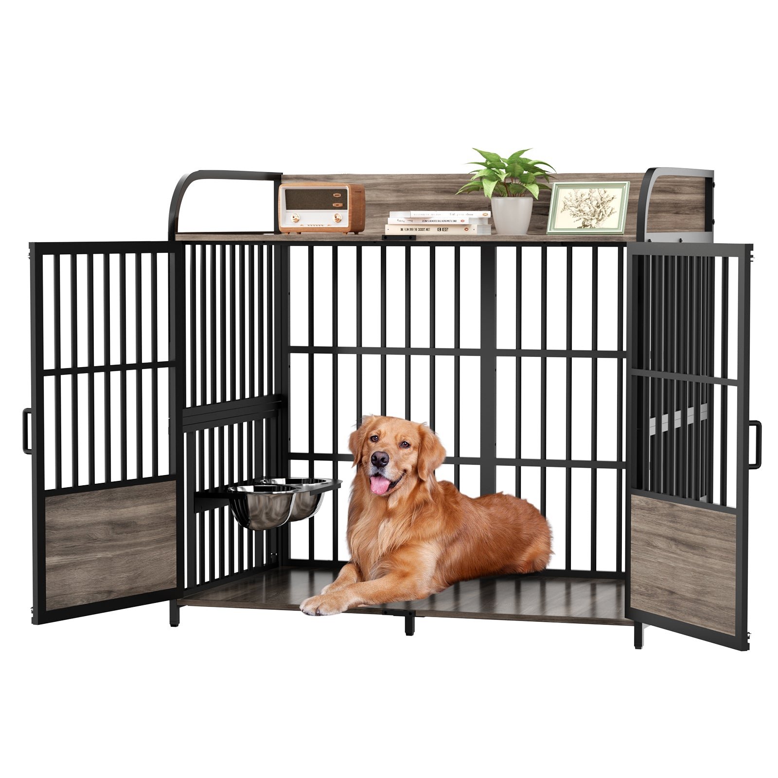 48 inch dog cage furniture, large dog kennel indoor with 2 adjustable bowls