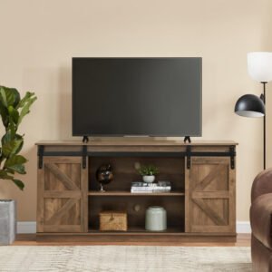 58" farmhouse tv stand and entertainment center for televisions up to 65 inch,with sliding barn doors and storage cabinets