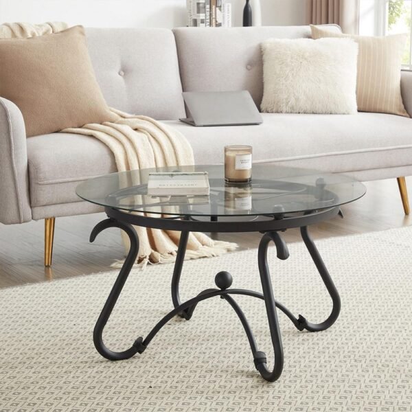 2 piece tempered glass surface coffee table set, decor coffee table round end side table with sturdy construction