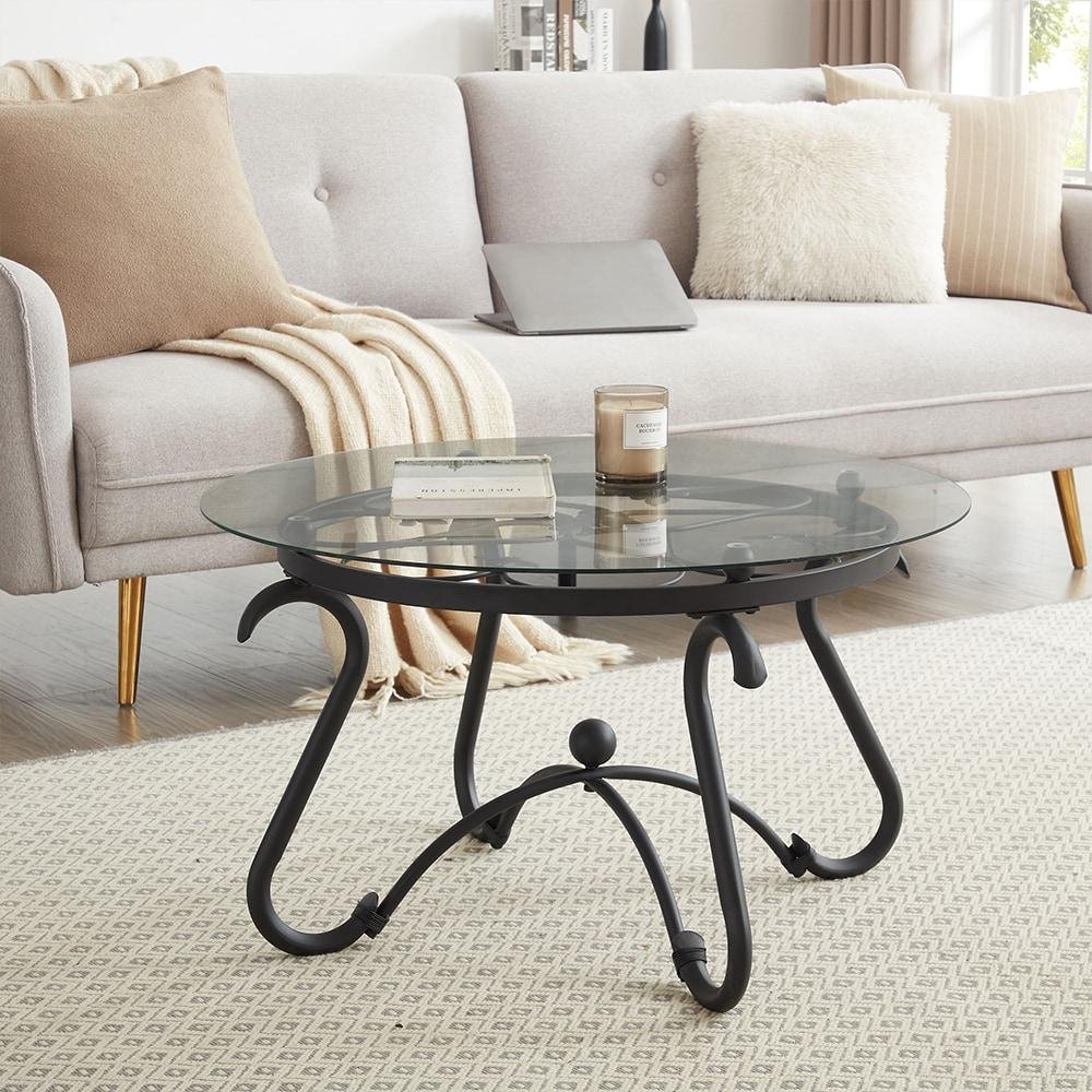 2 piece tempered glass surface coffee table set, decor coffee table round end side table with sturdy construction