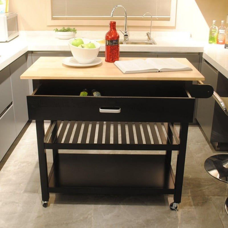 kitchen island cart, rolling trolley cart utility cabinet, with rubber wood top, easy clean with towel rack, one drawer