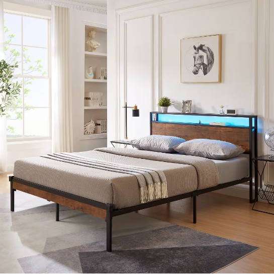 fcj king size metal platform bed frame with wooden headboard and footboard featuring usb liner