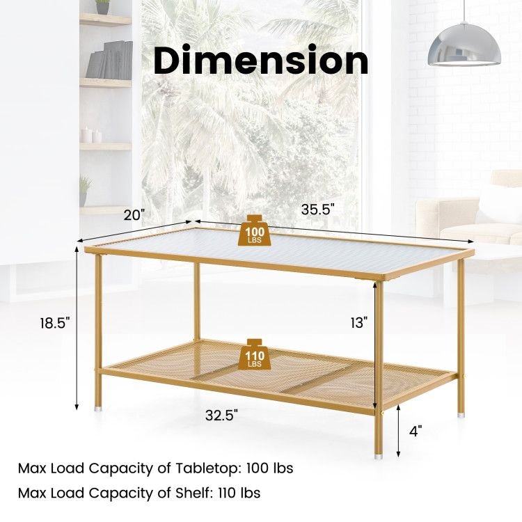 2 tier coffee table with tempered glass top and shelf for tea & beverage serving
