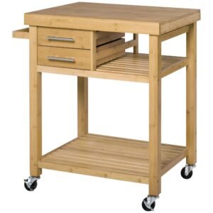 bamboo tone kitchen island cart on wheels with 2 drawers & open shelves utility trolley
