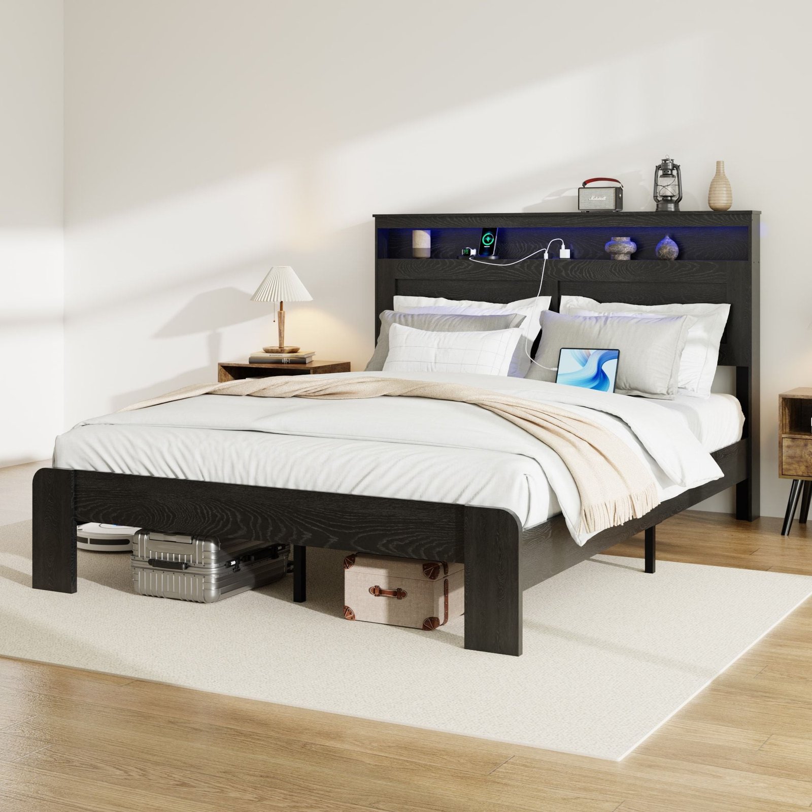 dark black queen size wood platform bed frame led headboard 2 usb noise free no box spring needed easy assembly large storage
