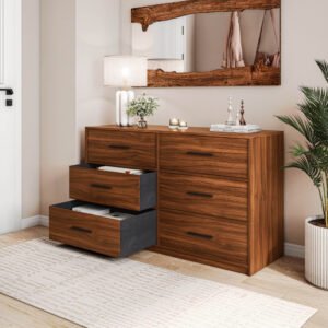 6 drawer dresser with large fabric drawers, walnut