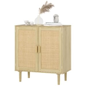 31.5" bohemian sideboard with 2 rattan doors and shelves natural buffet cabinet for living room hallway