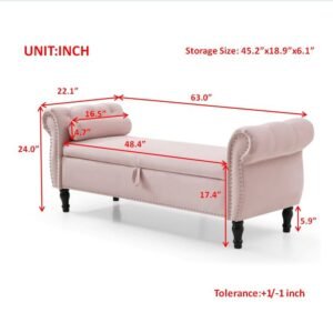 aijia 63" pink velvet rectangular chaise lounge stool multifunctional storage tufted nailhead trim solid wood legs 1 pillow