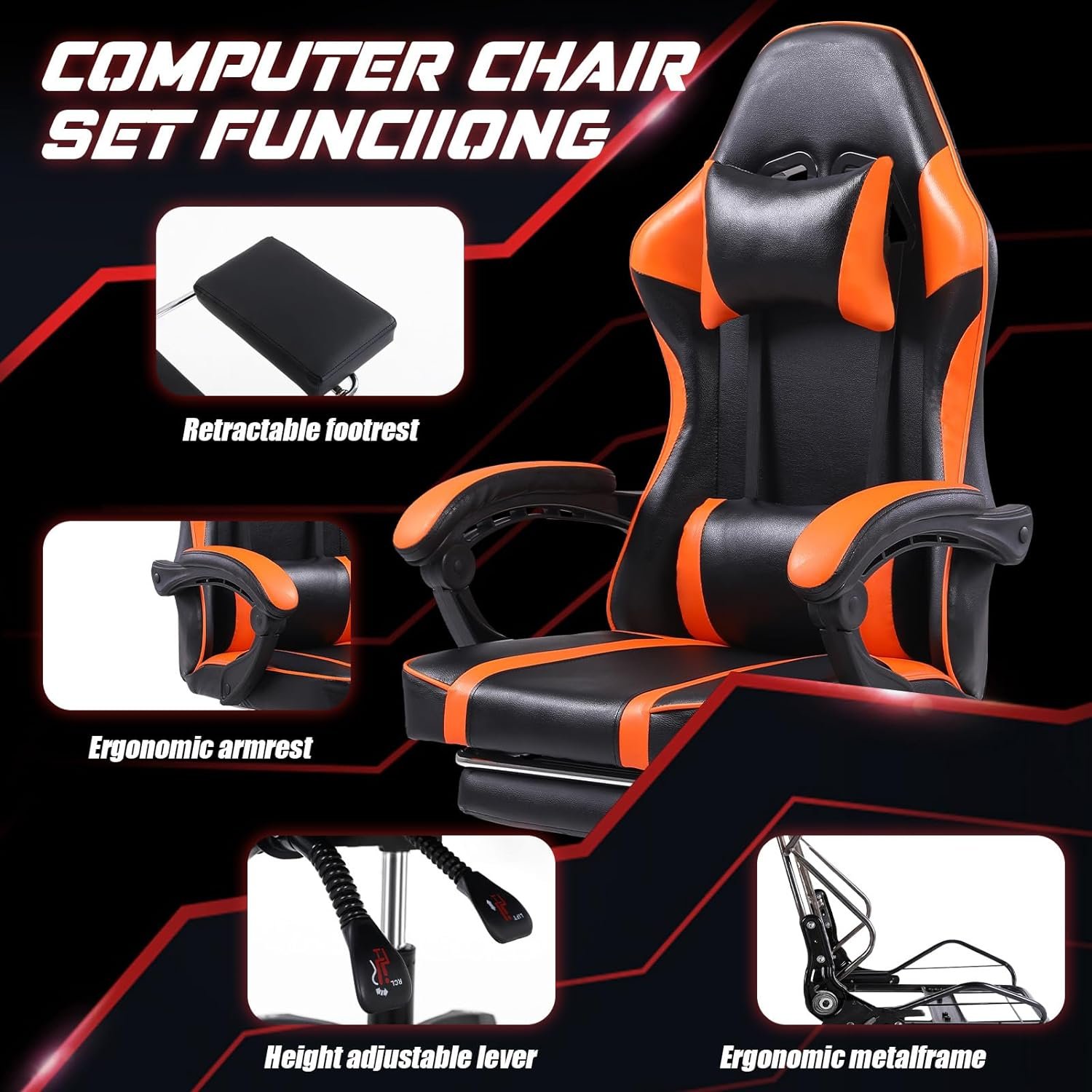 adjustable orange lift gaming chair with revolving feature synthetic leather material stainless steel lumbar pillow footrest