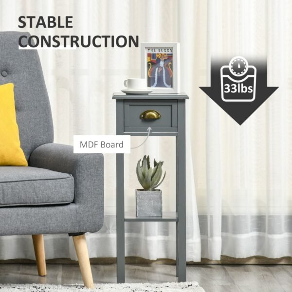 2 tier gray tall side table with drawer bottom shelf narrow accent night stand space saving for living room bedroom