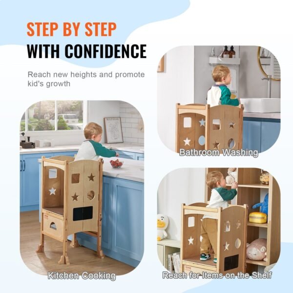 3 level adjustable height solid wood tower step stool foldable toddler stool safety net for kids' learning kitchen bedroom