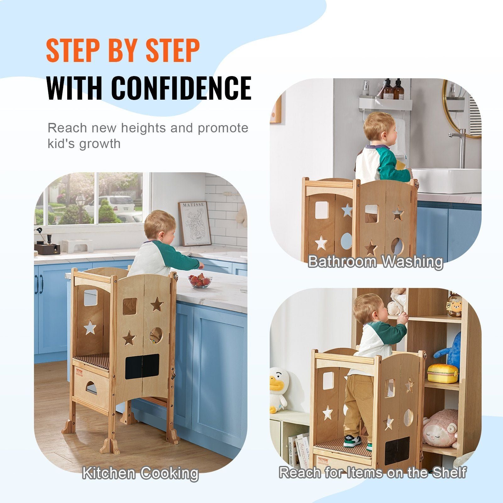 3 level adjustable height solid wood tower step stool foldable toddler stool safety net for kids' learning kitchen bedroom