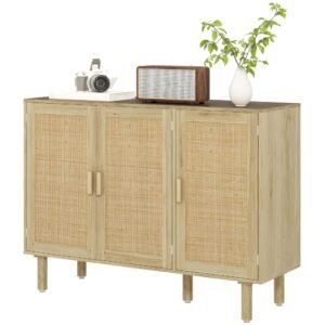 46.9" bohemian sideboard for living room hallway natural rattan doors and shelves 3 door buffet cabinet