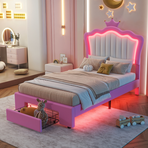 fcj modern twin size upholstered bed frame with led lights & crown headboard soft mdf wood includes a drawer