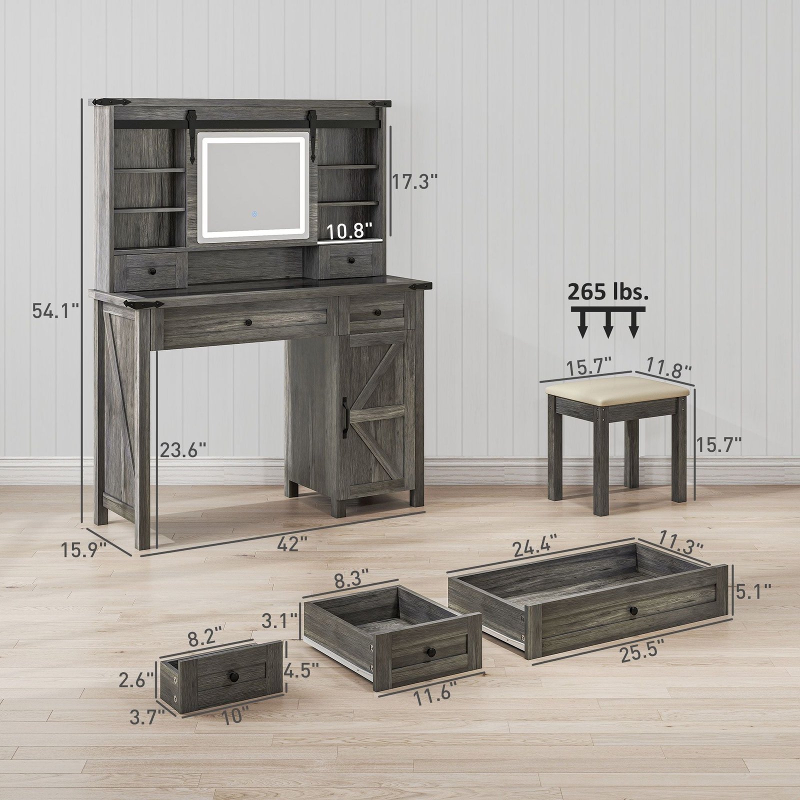gray vanity desk set with comfortable cushioned stool storage drawer cabinet shelves for bedroom features mirror and lights