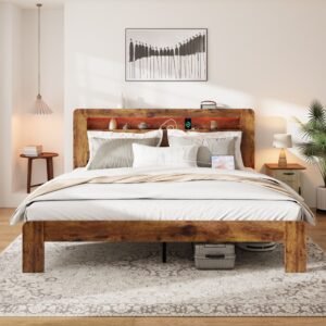 dark brown king size wood platform bed frame led light headboard usb ports no box spring needed easy assembly large storage no