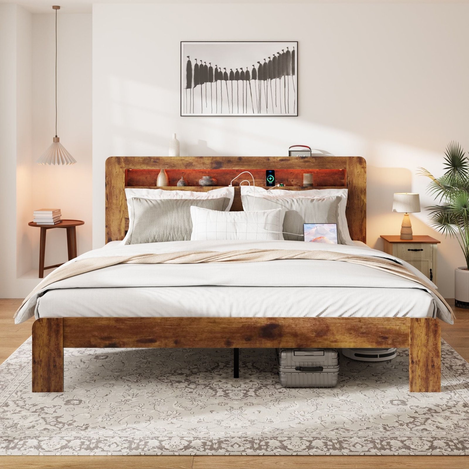 dark brown king size wood platform bed frame led light headboard usb ports no box spring needed easy assembly large storage no