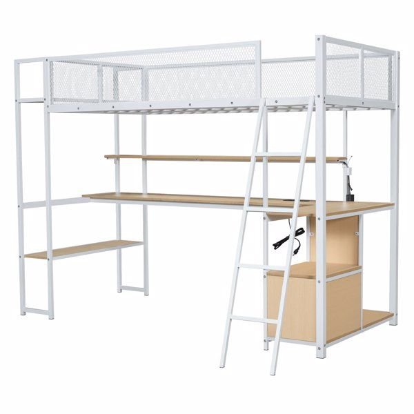 white twin size metal loft bed with built in work station & led multiple storage for home or office