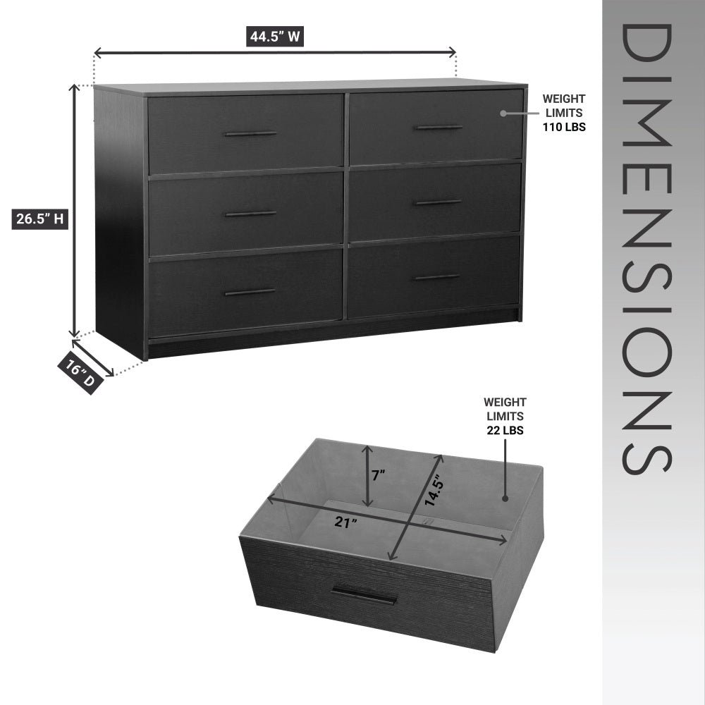 6 drawer dresser with large fabric drawers, black