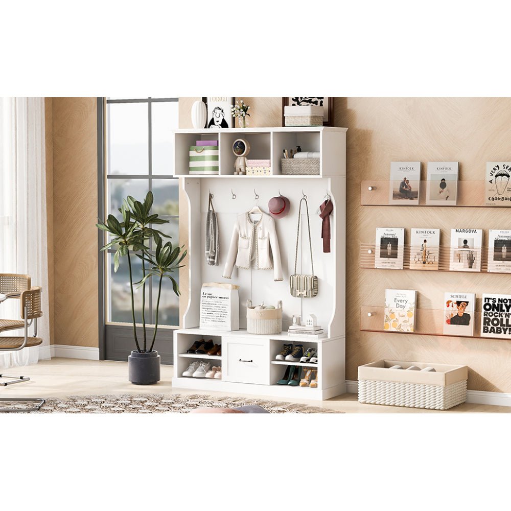 57'' hall tree with 6 hooks, coat hanger, entryway bench, 3 in 1 design, a spacious drawer for entrance, living room