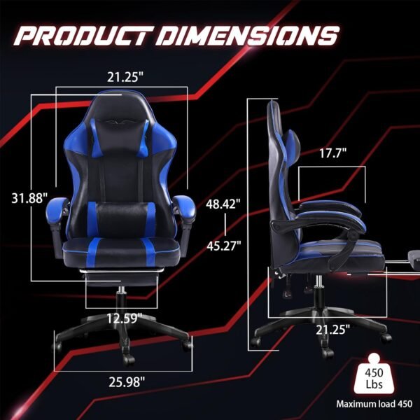 adjustable blue lift chair with revolving feature synthetic leather stainless steel game chair with lumbar pillow and footrest