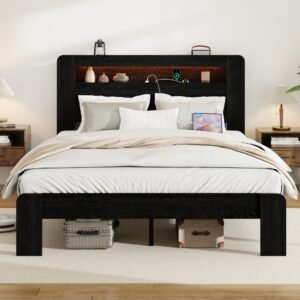 dark black full size wood platform bed frame led light headboard usb ports noise free easy assembly large storage space no box