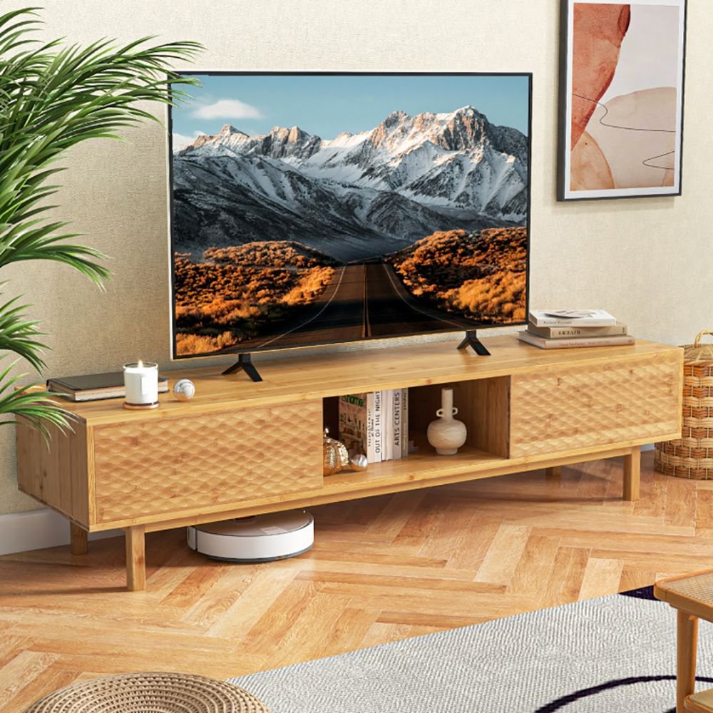 1pc 63 inches mid century modern bamboo tv stand with sliding doors modern tv stand