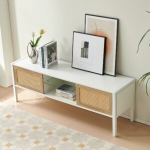55.12" white tv cabinet for tv up to 65 " wooden tv cabinet living room furniture double sliding doors for storage