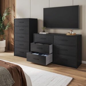 6 drawer dresser with large fabric drawers, black